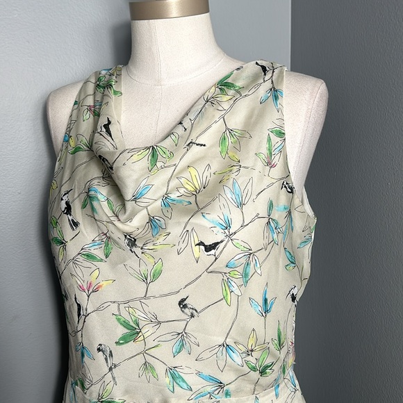 The Limited A-line Chiffon dress Light Lime Green with Leave and Bird Print sz 8 - Picture 6 of 13